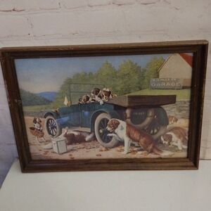 VTG CM Coolidge Framed Print "Ten Miles To A Garage" Car Mechanic Dogs 15"x10.5"